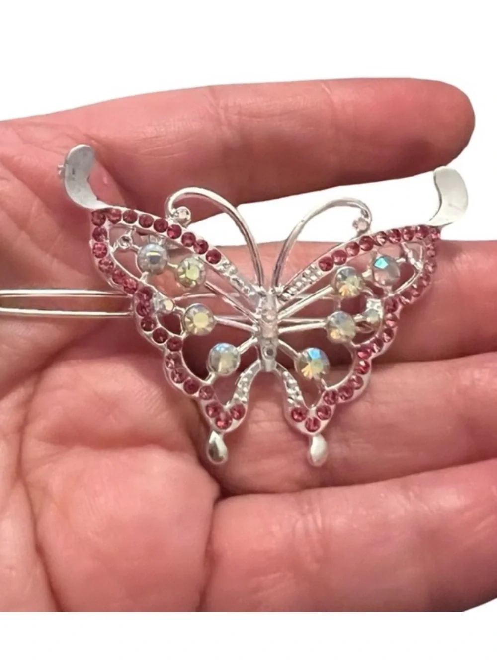 Silver and Pink  Crystal Rhinestones Butterfly Hair Clip 3.0”FINAL PRICE DROP